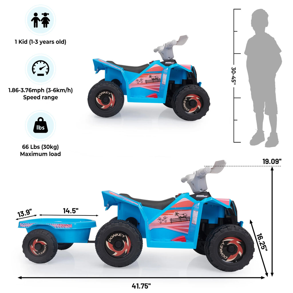 6V Ride on ATV for Toddlers, Kids 4 Wheelers for 18-36 Months, Ride-On Toy with Trailer, Music, Safety Belt