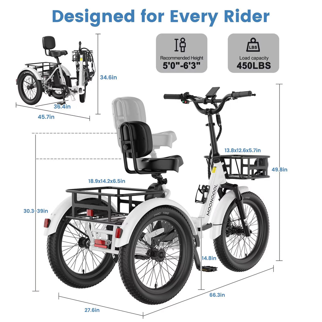 TK2 Adult Electric Tricycle with Reverse, 48V 15Ah Removable Battery, Peak 1000W Motor, 20X3.0" Fat Tire, 60-Mile Range, 15.5 MPH