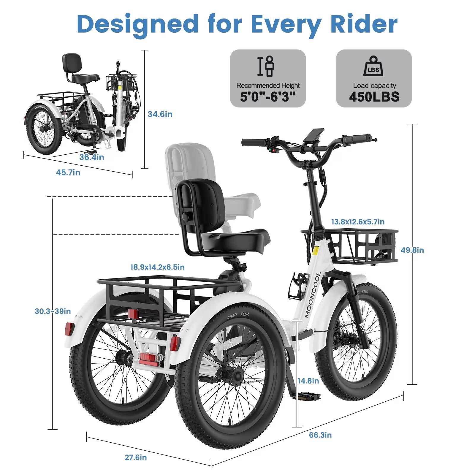 TK2 Adult Electric Tricycle with Reverse, 48V 15Ah Removable Battery, Peak 1000W Motor, 20X3.0" Fat Tire, 60-Mile Range, 15.5 MPH