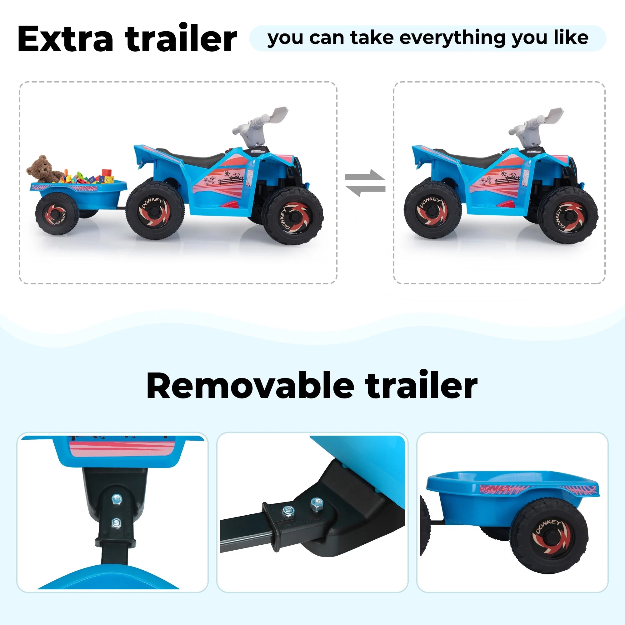 6V Ride on ATV for Toddlers, Kids 4 Wheelers for 18-36 Months, Ride-On Toy with Trailer, Music, Safety Belt