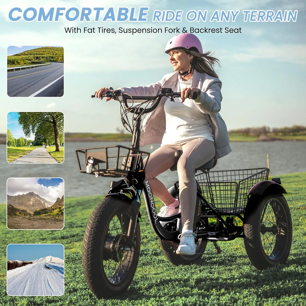 Electric Trike for Adults,15.5Mph 500W 48V 14.5Ah Lithium Battery , 7-Speed Aluminum Ebike 3 Wheels Bike with Front&Rear Baskets，20X4In Fat Tire E-Trike