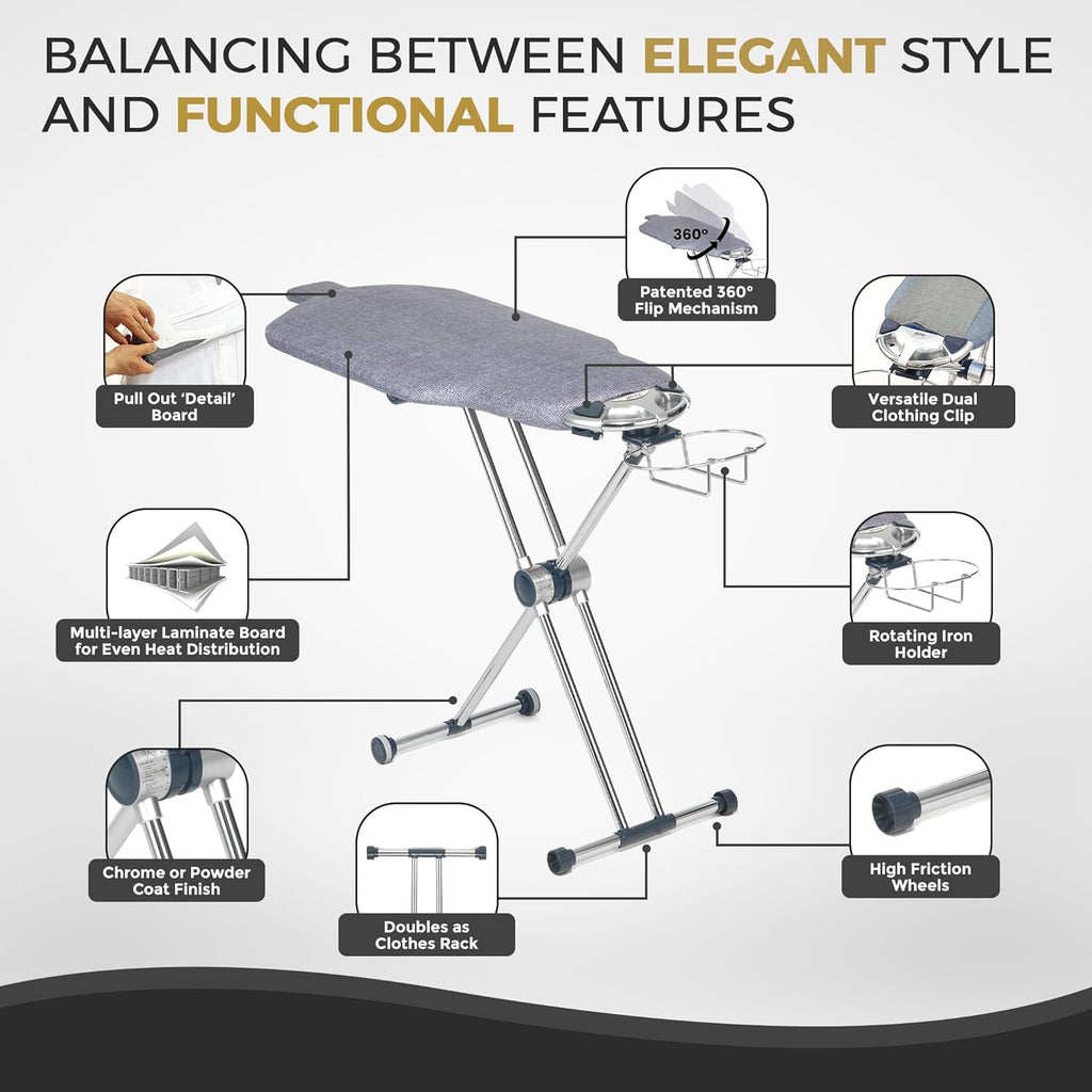 ° Dual-Sided Iron Board - Torso-Shaped Ironing Board Full Size with 8-Level Adjustable Height, Rotatable & Detachable Iron Holder, Garment Clips - HDPE Heat-Resistant Surface