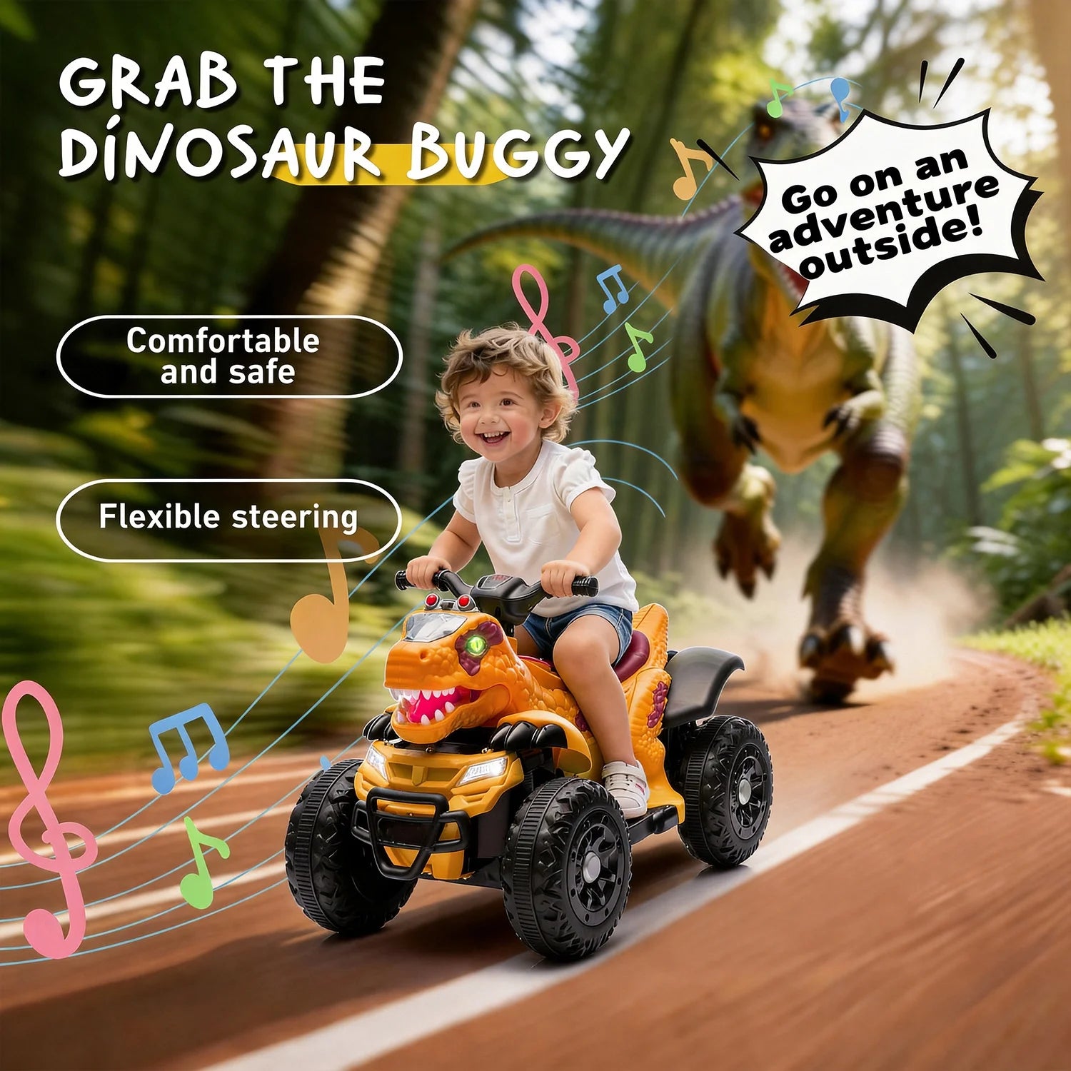 12V Electric Ride-On ATV, Dinosaur Four Wheeler Electric Car with Bluetooth, LED Lights, Music, Electric Quad Ride-On Toy Car for Toddlers Boys Girls Age 2+, Yellow