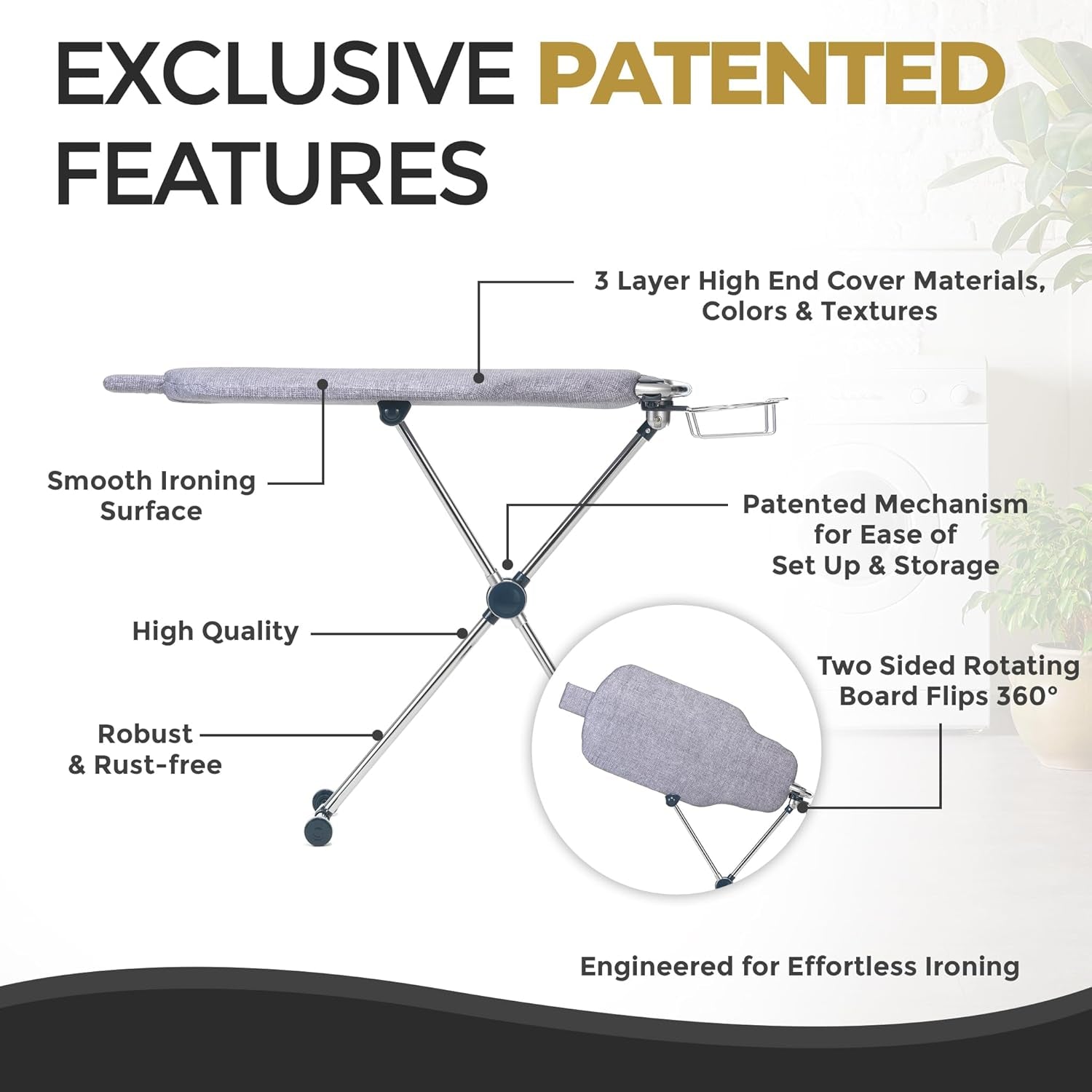 ° Dual-Sided Iron Board - Torso-Shaped Ironing Board Full Size with 8-Level Adjustable Height, Rotatable & Detachable Iron Holder, Garment Clips - HDPE Heat-Resistant Surface
