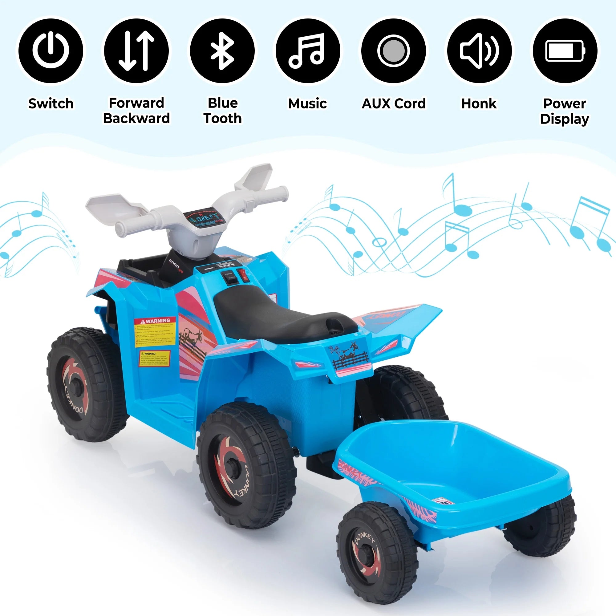 6V Ride on ATV for Toddlers, Kids 4 Wheelers for 18-36 Months, Ride-On Toy with Trailer, Music, Safety Belt