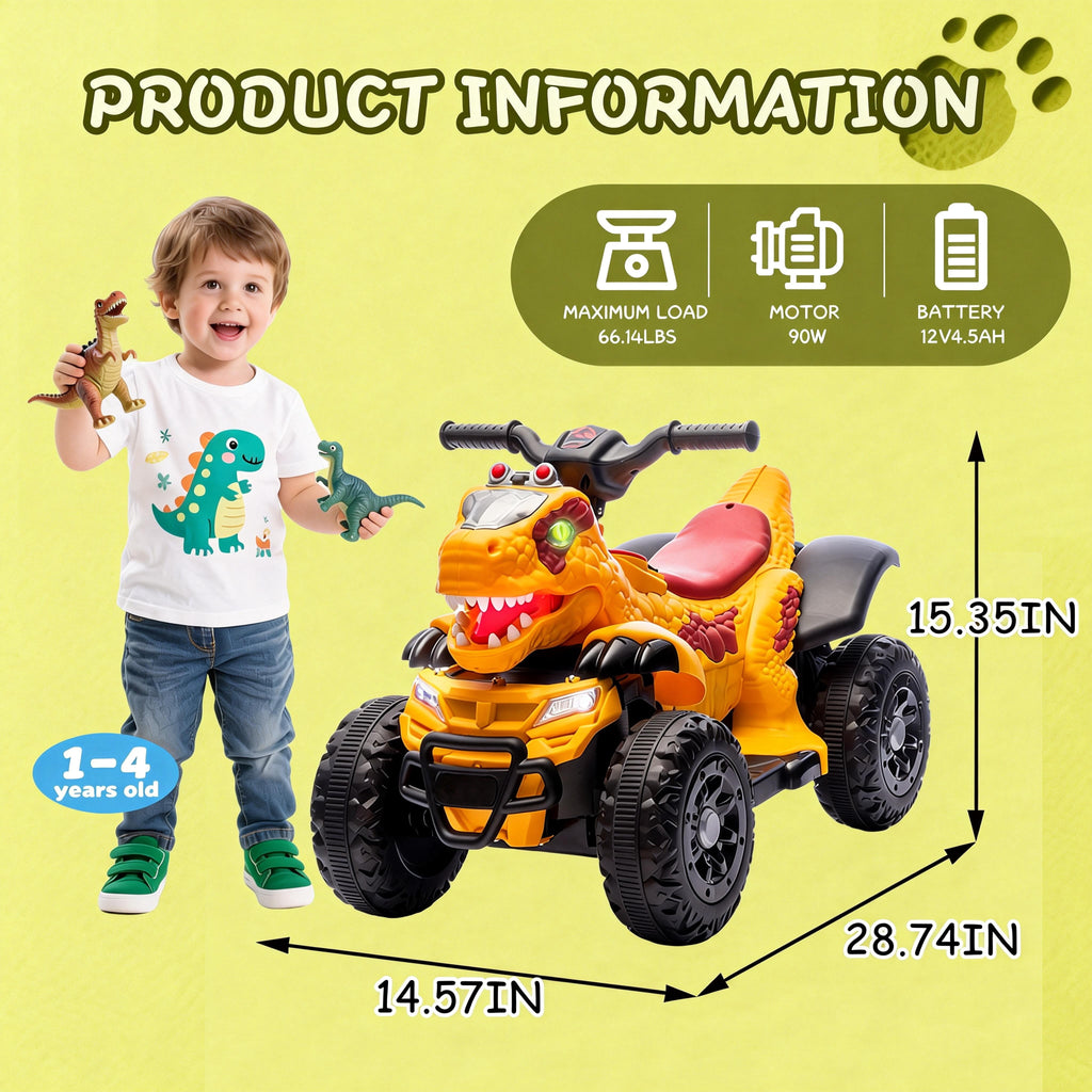 12V Electric Ride-On ATV, Dinosaur Four Wheeler Electric Car with Bluetooth, LED Lights, Music, Electric Quad Ride-On Toy Car for Toddlers Boys Girls Age 2+, Yellow