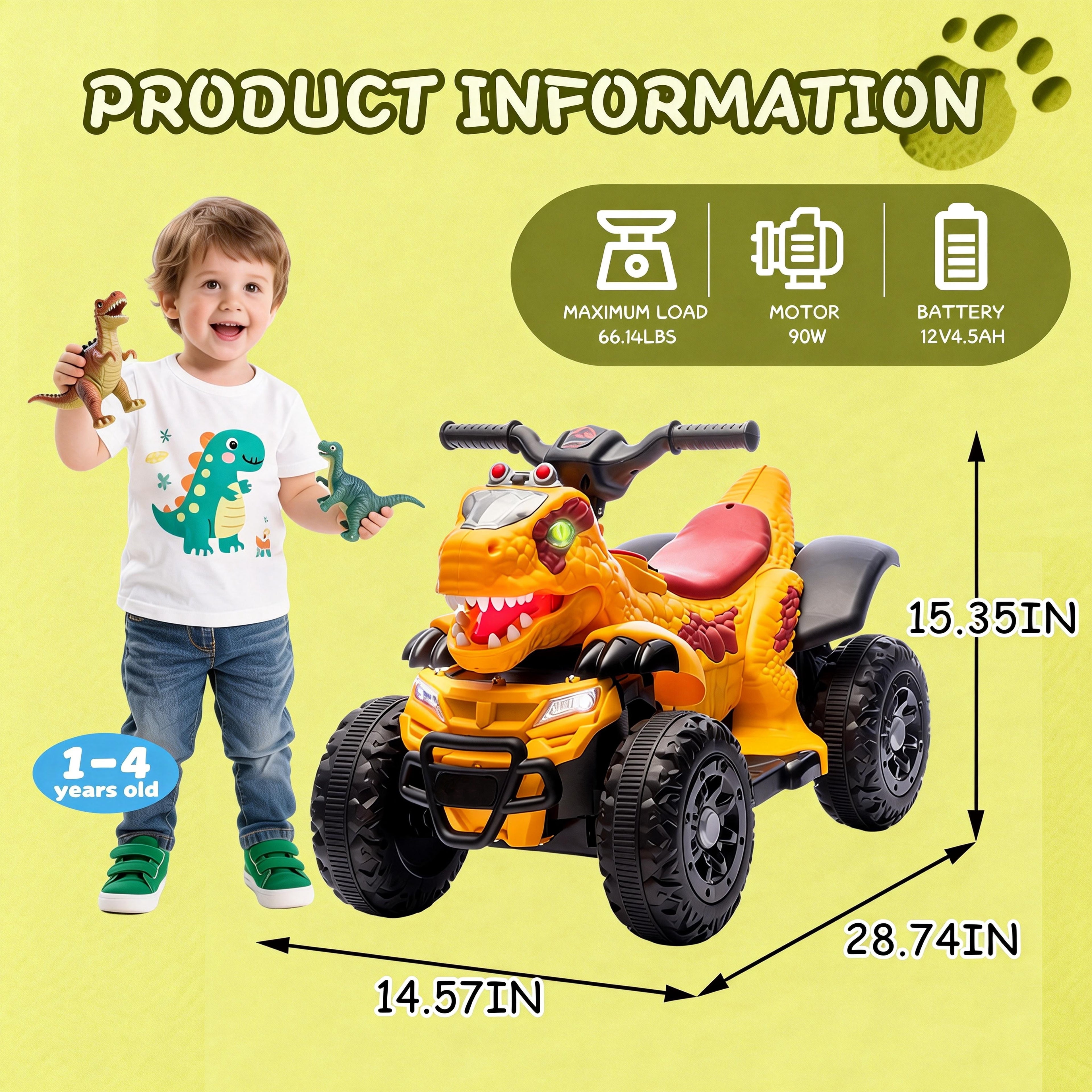 12V Electric Ride-On ATV, Dinosaur Four Wheeler Electric Car with Bluetooth, LED Lights, Music, Electric Quad Ride-On Toy Car for Toddlers Boys Girls Age 2+, Yellow