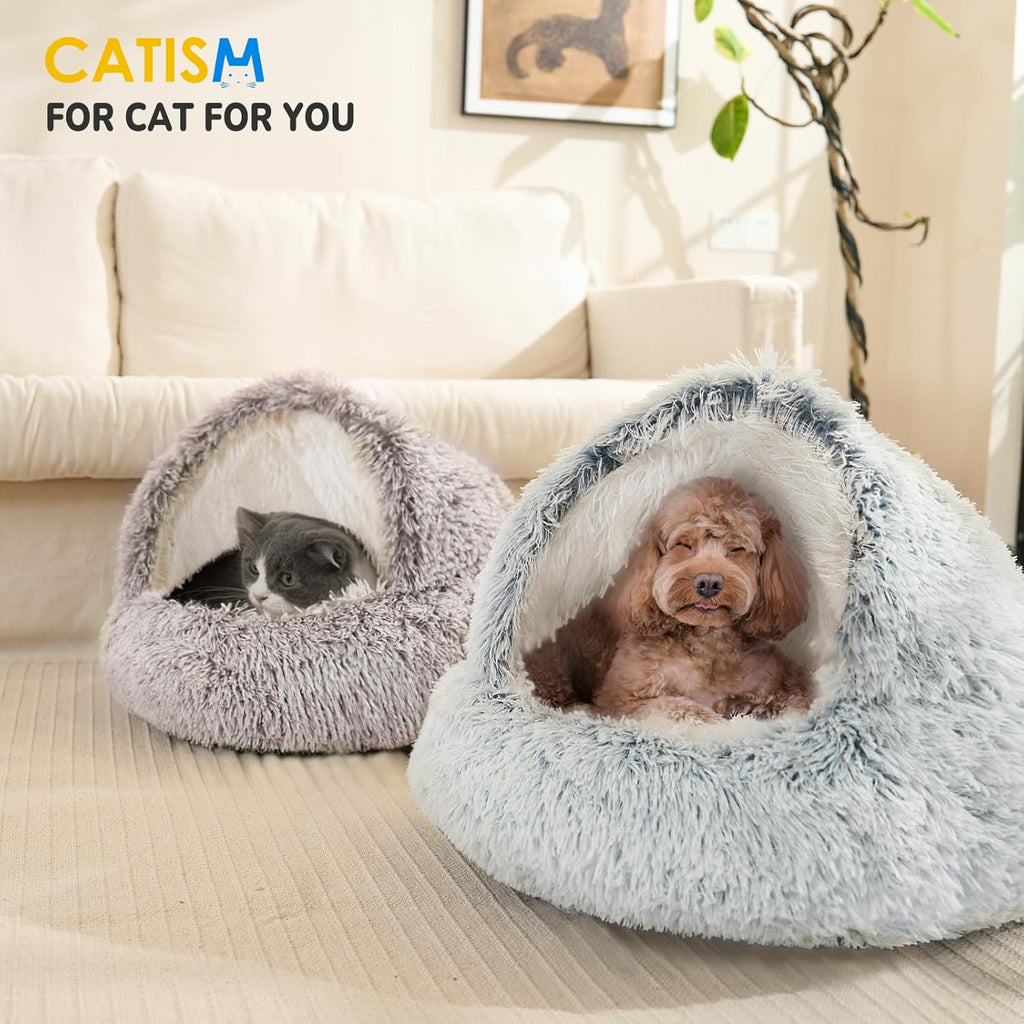 Cozy Plush Hooded Cat Bed, Indoor/Outdoor, Self-Warming Cave, Removable Washable Non-Slip Bottom