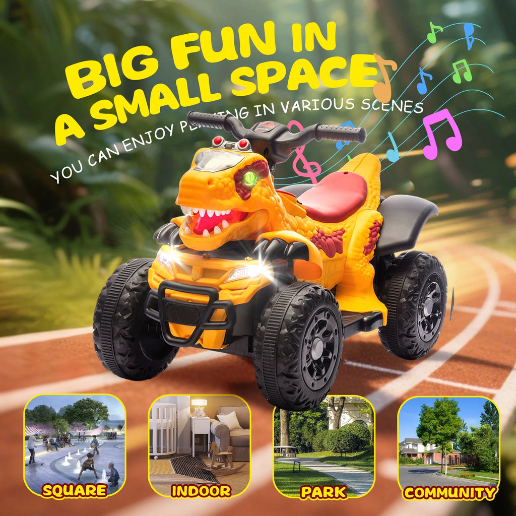 12V Electric Ride-On ATV, Dinosaur Four Wheeler Electric Car with Bluetooth, LED Lights, Music, Electric Quad Ride-On Toy Car for Toddlers Boys Girls Age 2+, Yellow