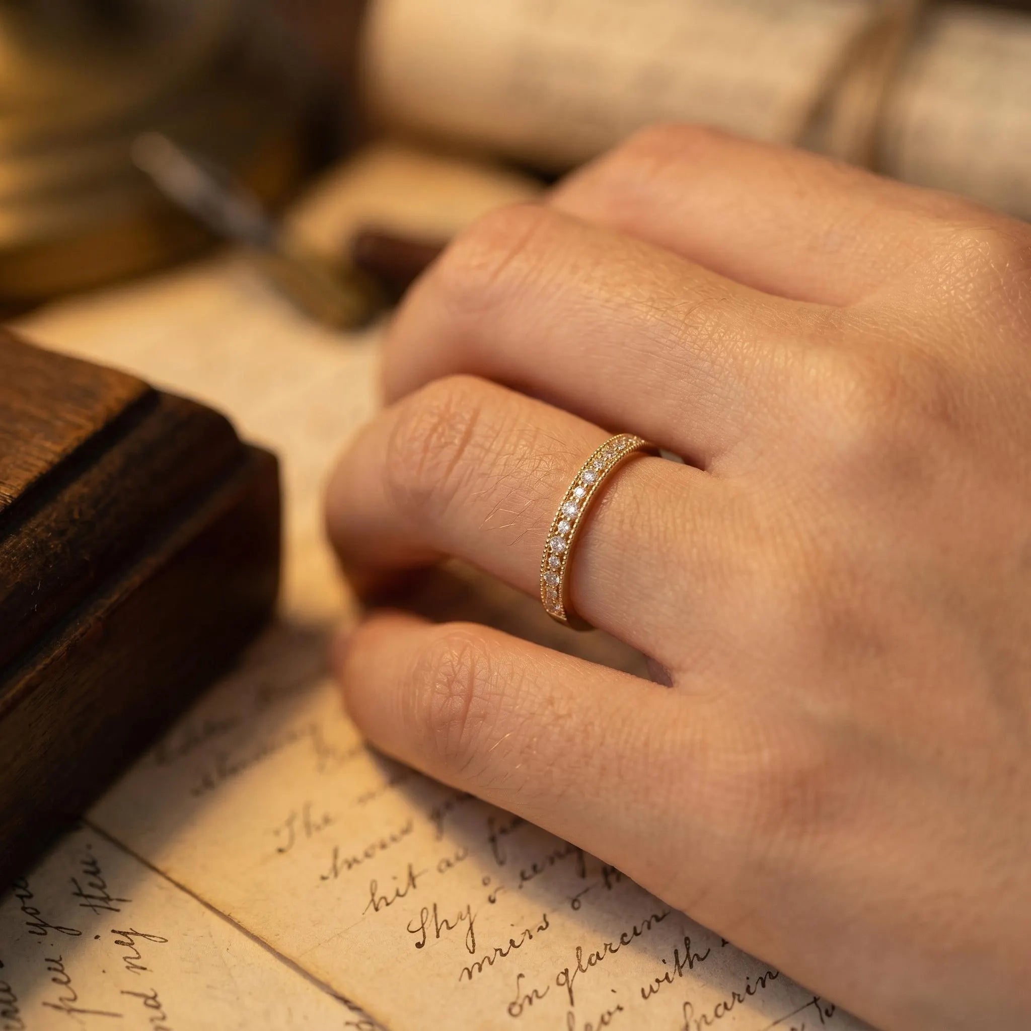 Gold Diamond Wedding Band | Vintage Milgrain Eternity Ring | 14K Gold Stacking Band | Antique Style Anniversary Gift | Delicate Gold Ring