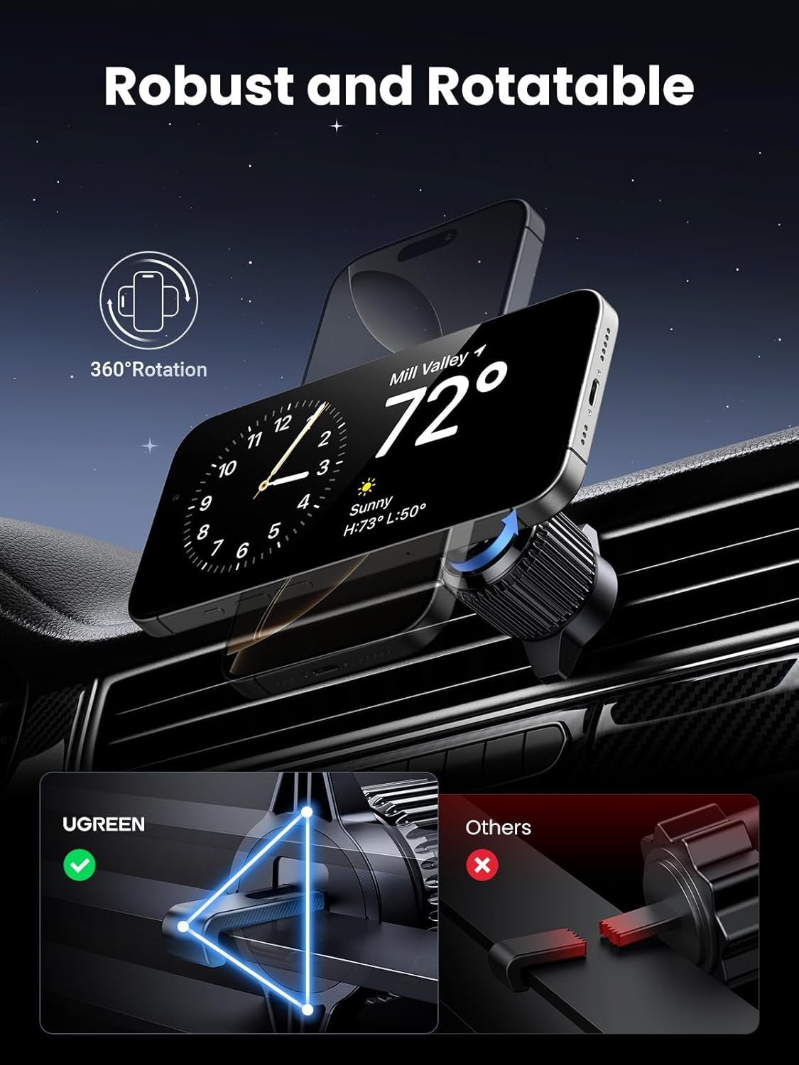 UGREEN Qi2 Wireless Car Charger, 15W Fast Charging Strong Magnetic Car Phone Holder with LED Light for Iphone 17/16/15/14/13/12 Series Car Accessories