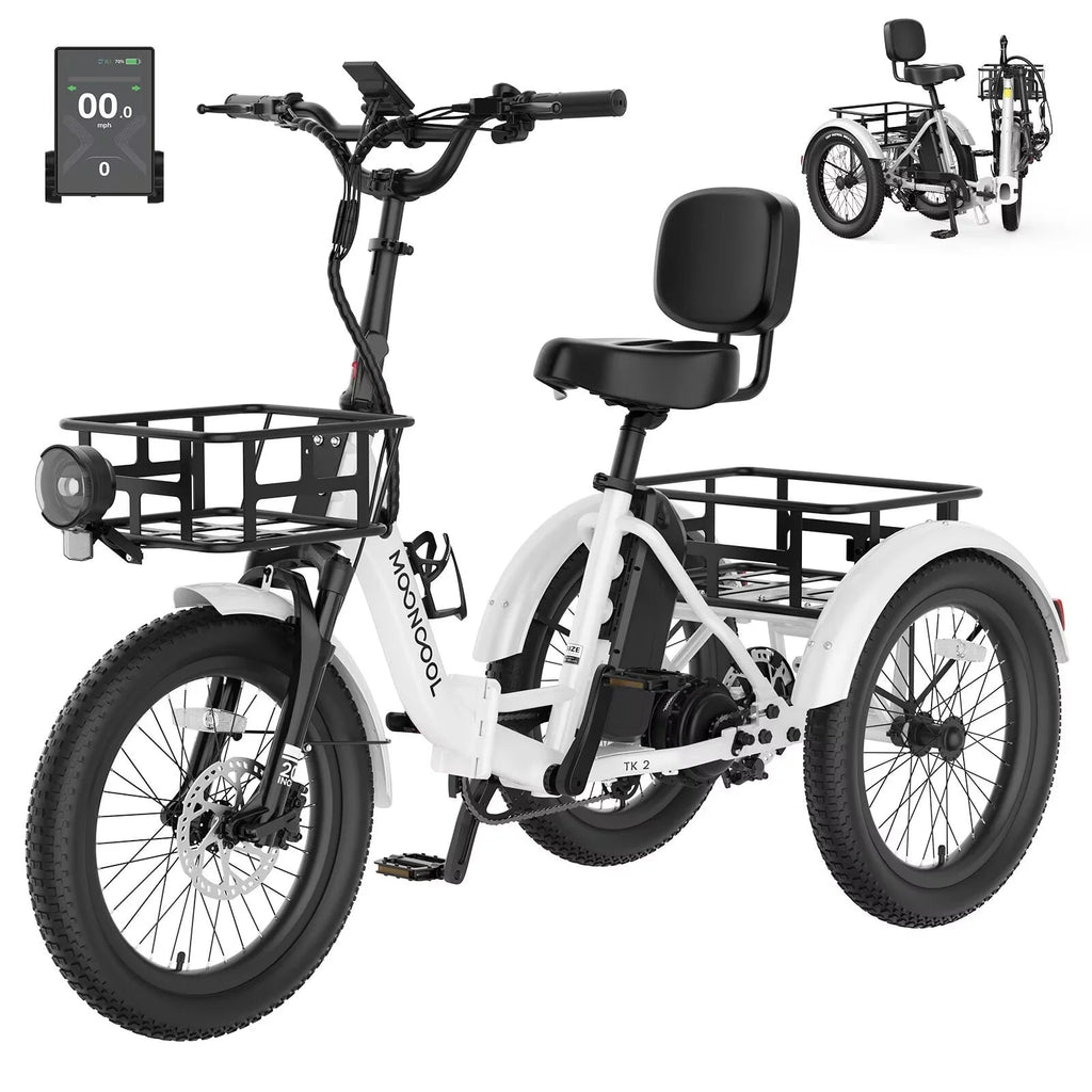 TK2 Adult Electric Tricycle with Reverse, 48V 15Ah Removable Battery, Peak 1000W Motor, 20X3.0" Fat Tire, 60-Mile Range, 15.5 MPH