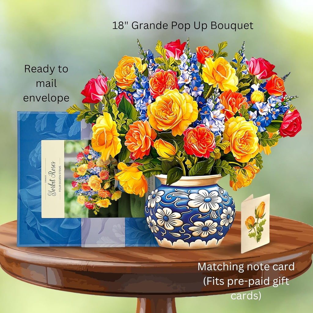 Pop up Cards, Grande Sorbet Roses, 18 Inch Life Sized Forever Flower Bouquet 3D Popup Greeting Card, Birthday Cards, Thank You Card, Blank Notecard & Envelope