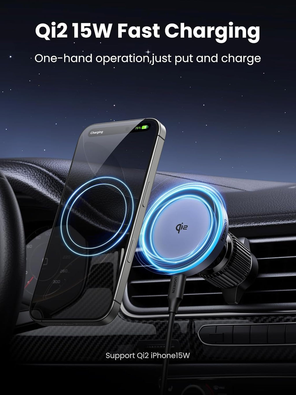 UGREEN Qi2 Wireless Car Charger, 15W Fast Charging Strong Magnetic Car Phone Holder with LED Light for Iphone 17/16/15/14/13/12 Series Car Accessories