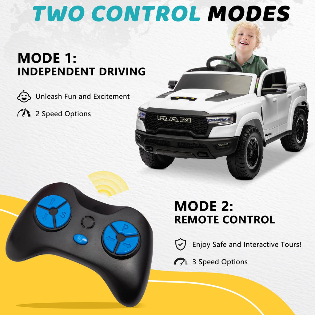 RAM 1500 Ride on Car Toy for Kids, 12V Powered Ride on Truck Toy with Remote Control, 4 Wheel Suspension, Safety Belt, Music, Bluetooth, LED Lights, Electric Cars for 3-5 Yrs Boy Girl, White