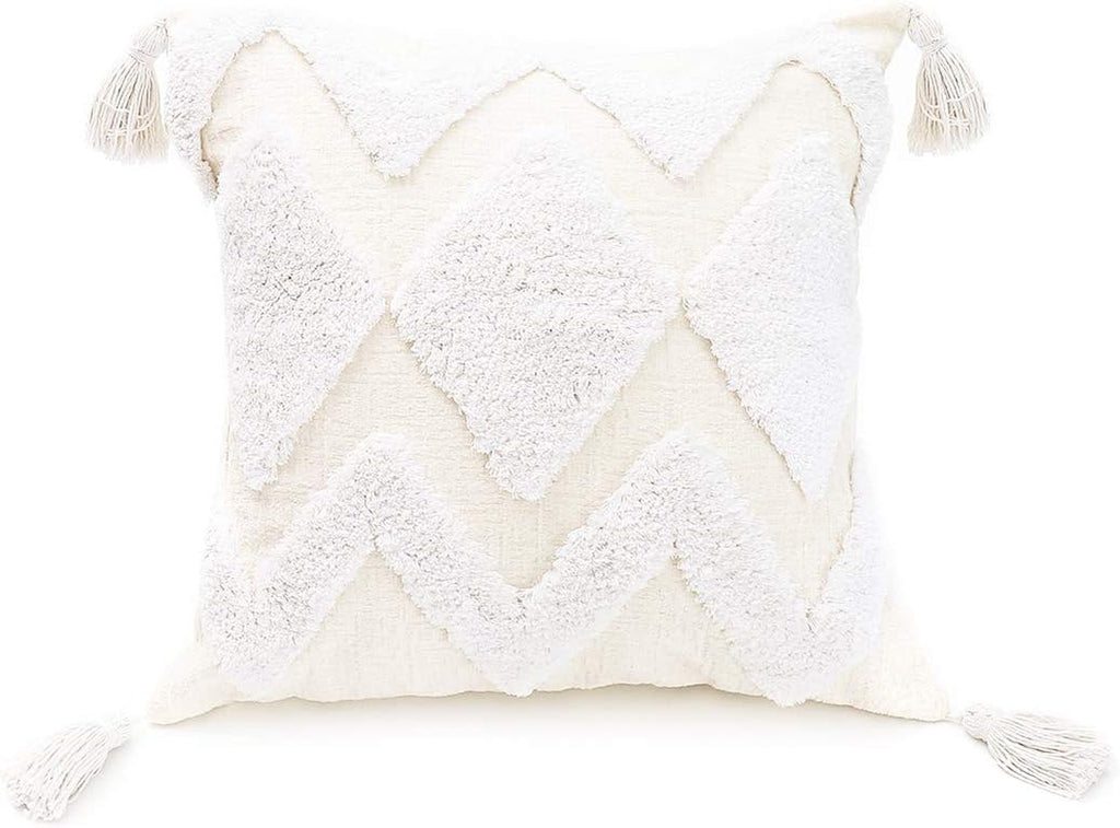 Boho White Throw Pillow Cover 18X18 Inch with Tassels, Moroccan Tufted Decorative Cream Chenille Fabric Accent Textured Cushion Case for Bed Couch, 1 PC