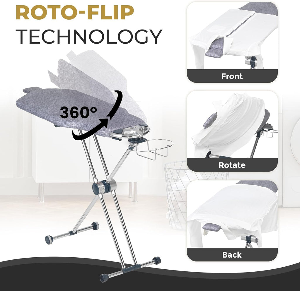 ° Dual-Sided Iron Board - Torso-Shaped Ironing Board Full Size with 8-Level Adjustable Height, Rotatable & Detachable Iron Holder, Garment Clips - HDPE Heat-Resistant Surface