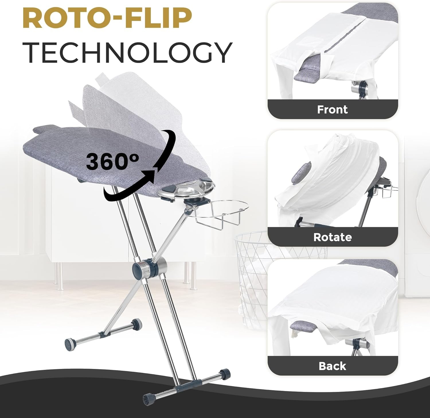 ° Dual-Sided Iron Board - Torso-Shaped Ironing Board Full Size with 8-Level Adjustable Height, Rotatable & Detachable Iron Holder, Garment Clips - HDPE Heat-Resistant Surface