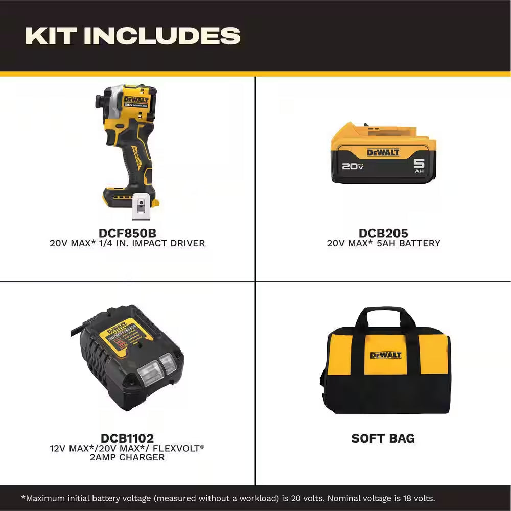 ATOMIC 20V MAX Lithium-Ion Cordless 1/4 In. Brushless Impact Driver Kit, 5 Ah Battery, Charger, and Bag