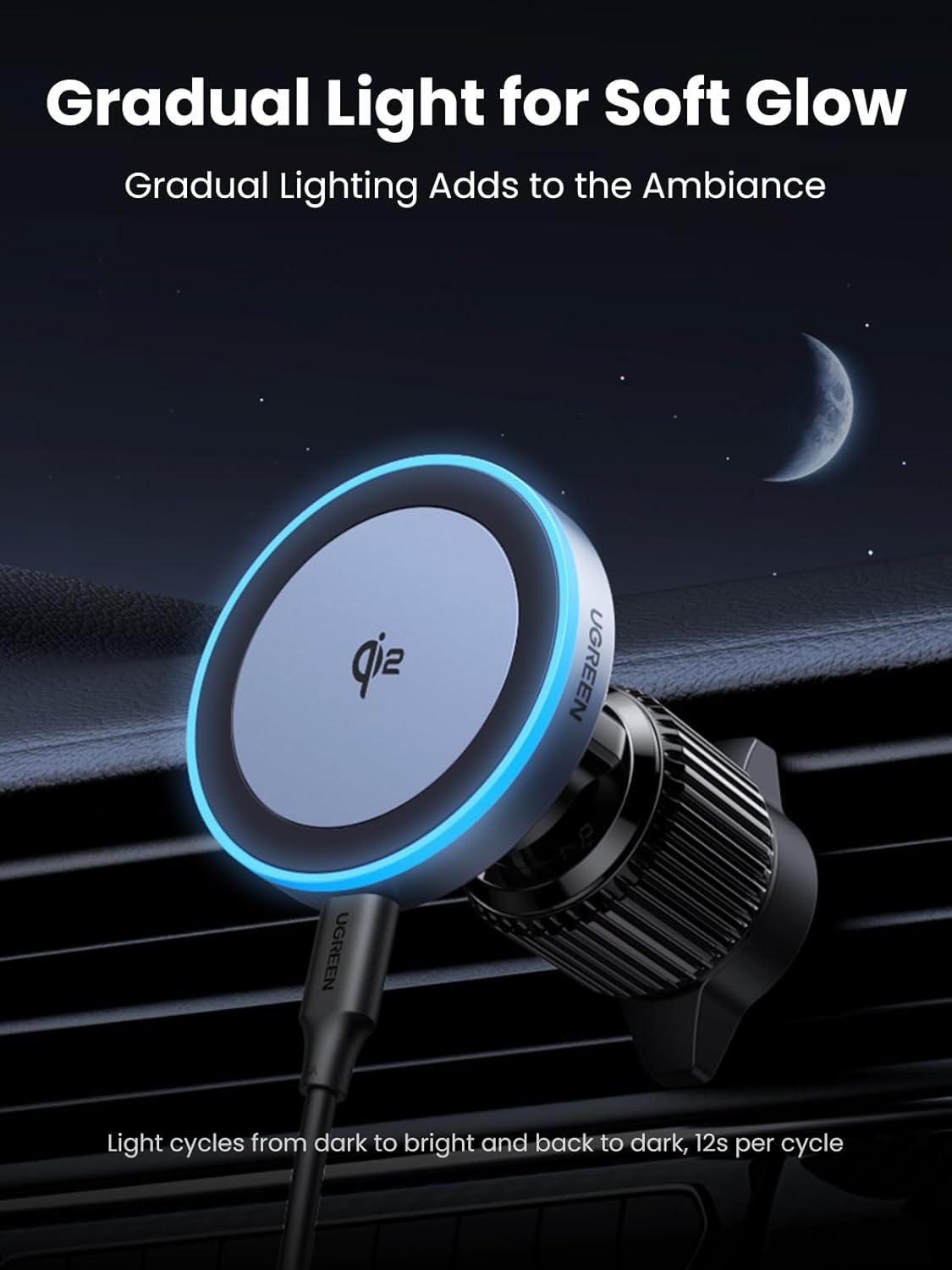 UGREEN Qi2 Wireless Car Charger, 15W Fast Charging Strong Magnetic Car Phone Holder with LED Light for Iphone 17/16/15/14/13/12 Series Car Accessories