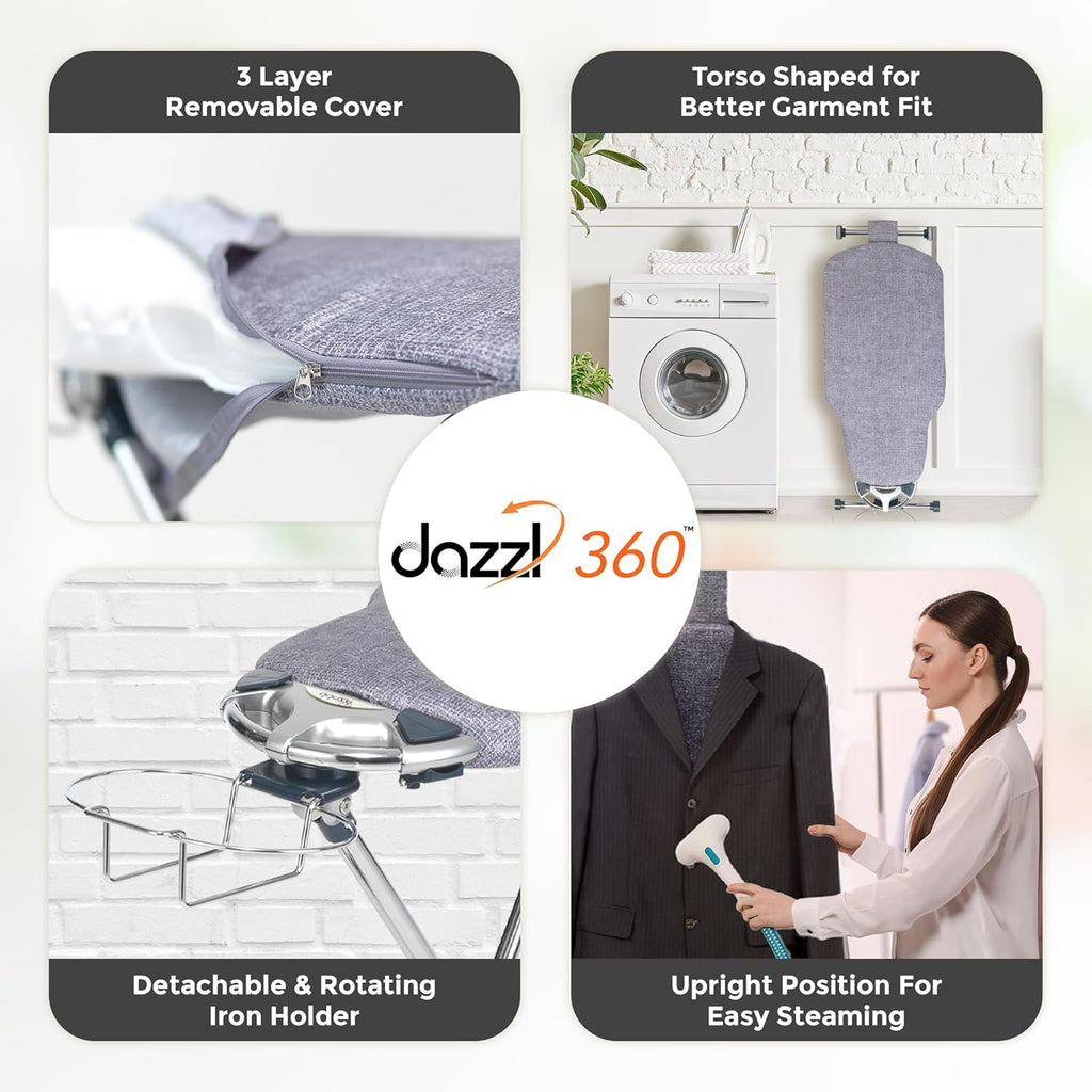 ° Dual-Sided Iron Board - Torso-Shaped Ironing Board Full Size with 8-Level Adjustable Height, Rotatable & Detachable Iron Holder, Garment Clips - HDPE Heat-Resistant Surface