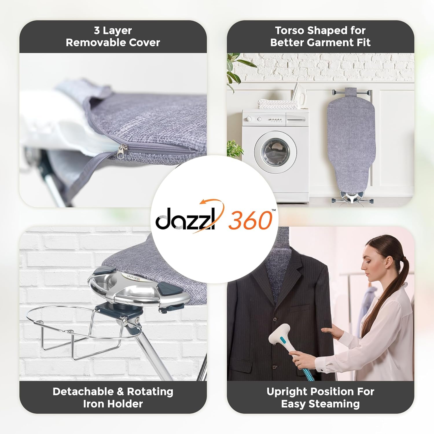 ° Dual-Sided Iron Board - Torso-Shaped Ironing Board Full Size with 8-Level Adjustable Height, Rotatable & Detachable Iron Holder, Garment Clips - HDPE Heat-Resistant Surface