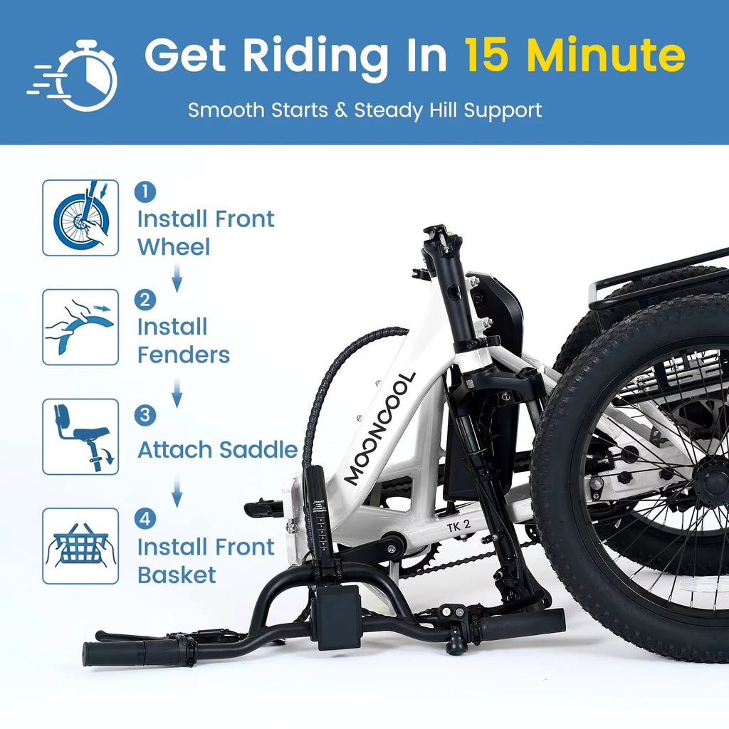 TK2 Adult Electric Tricycle with Reverse, 48V 15Ah Removable Battery, Peak 1000W Motor, 20X3.0" Fat Tire, 60-Mile Range, 15.5 MPH