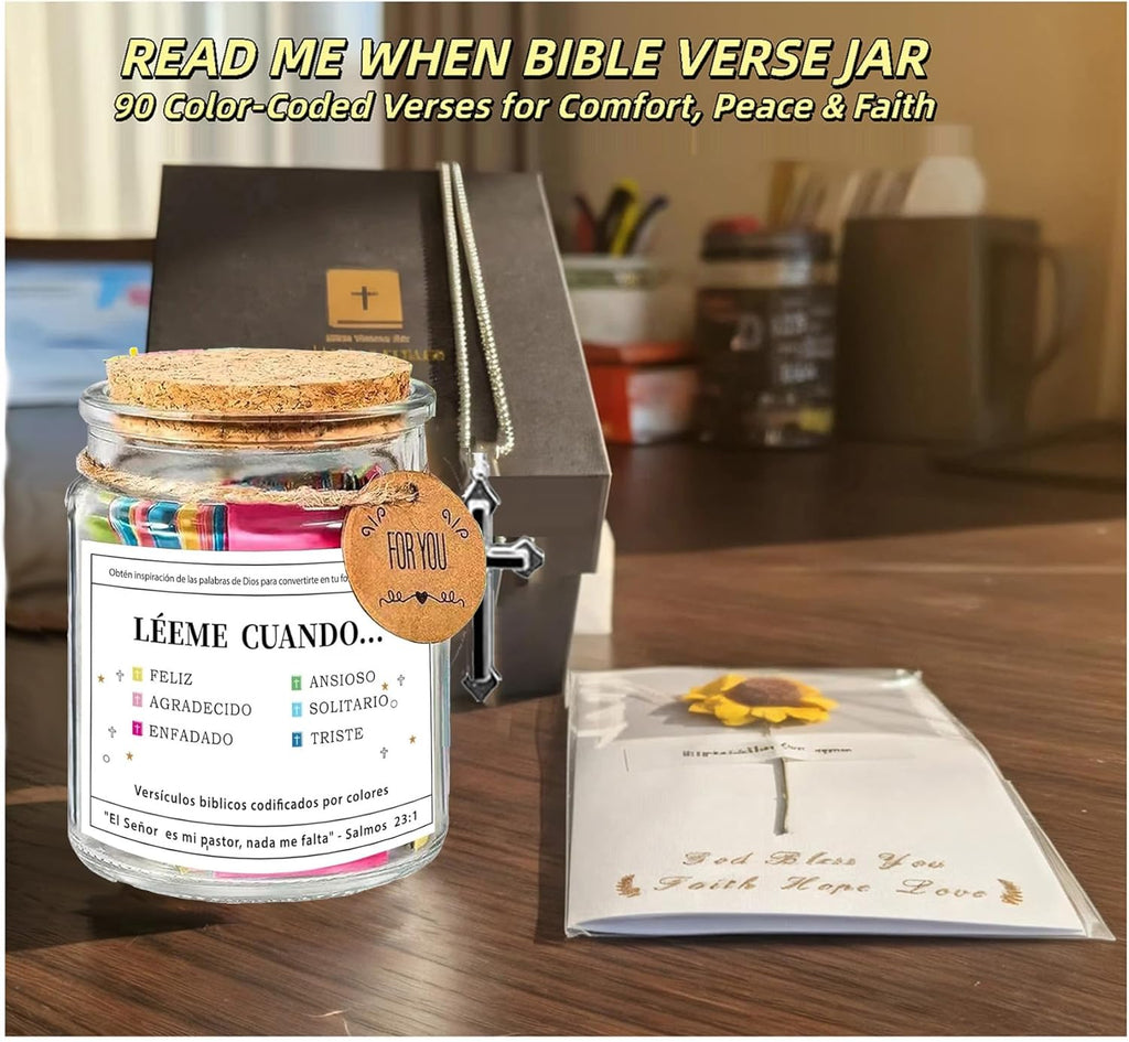 Spanish Bible Verse Jar, Scripture Prayer Read Me When Bible Verses Jar, Frasco Tarro De Versículos Bíblicos En Español, Regalo Cristiano Para Mujer, with Handwritten Greeting Card & Cross Necklace