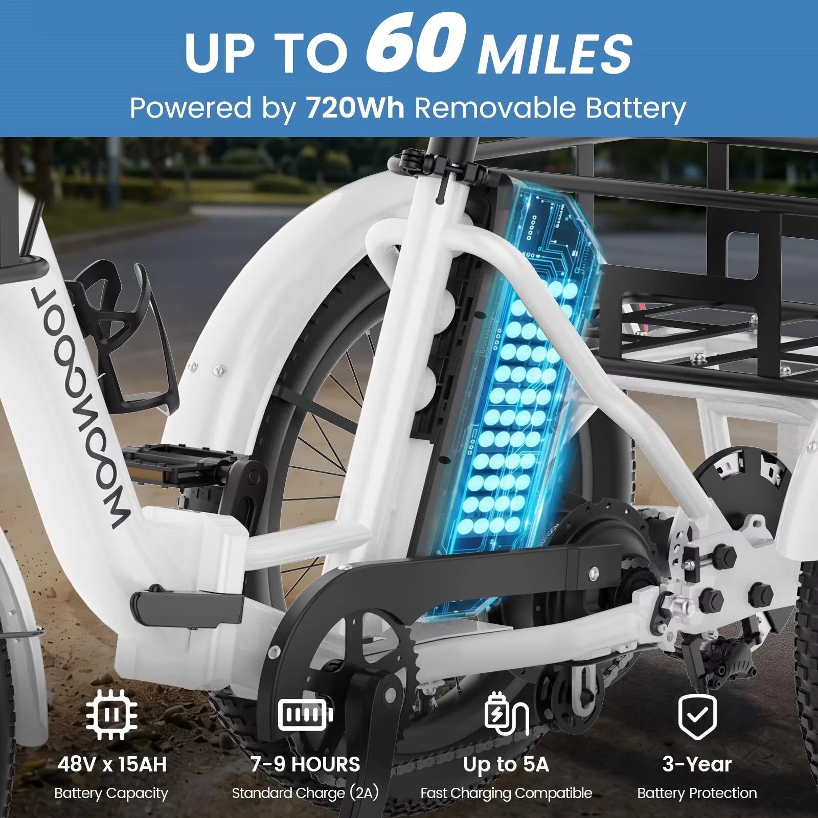 TK2 Adult Electric Tricycle with Reverse, 48V 15Ah Removable Battery, Peak 1000W Motor, 20X3.0" Fat Tire, 60-Mile Range, 15.5 MPH