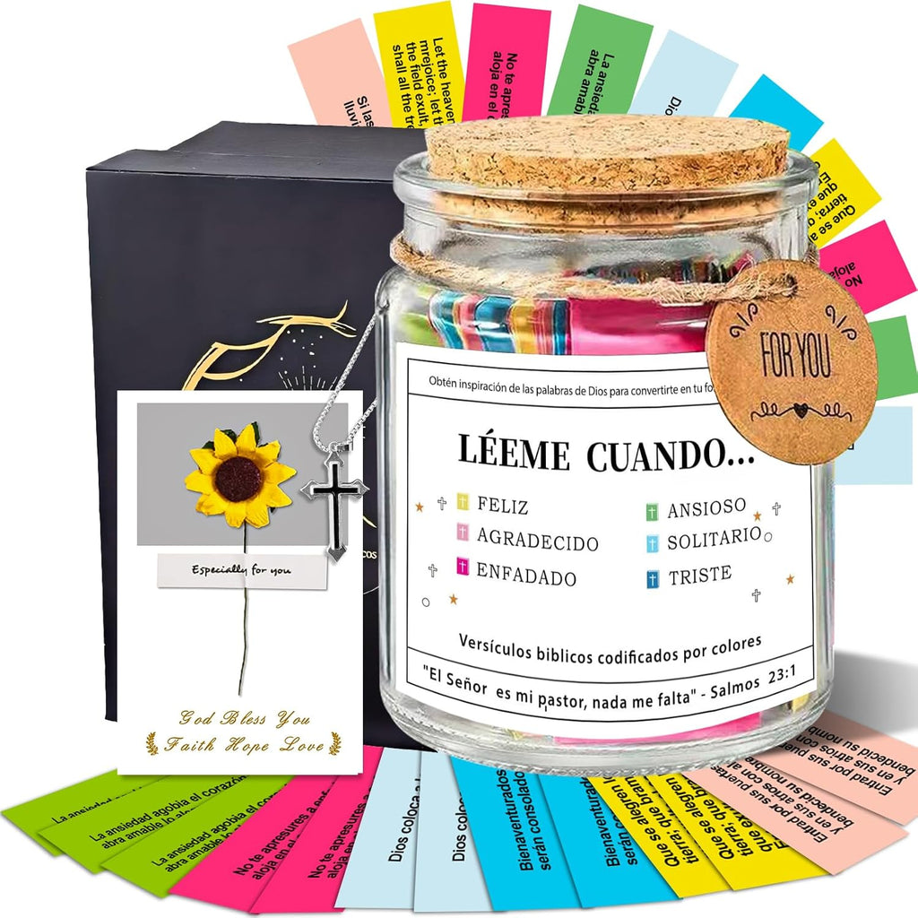 Spanish Bible Verse Jar, Scripture Prayer Read Me When Bible Verses Jar, Frasco Tarro De Versículos Bíblicos En Español, Regalo Cristiano Para Mujer, with Handwritten Greeting Card & Cross Necklace