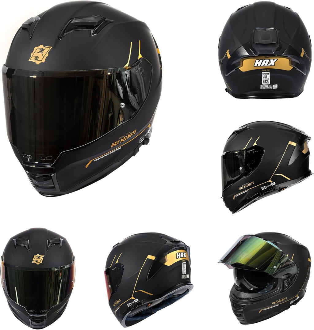 Force Aerodynamic Full Face Helmet for Street & E-Bikes DOT & ECE Certified - Enhanced Dual Visor, Adult Size, Pinlock Ready Matte Black Gold L