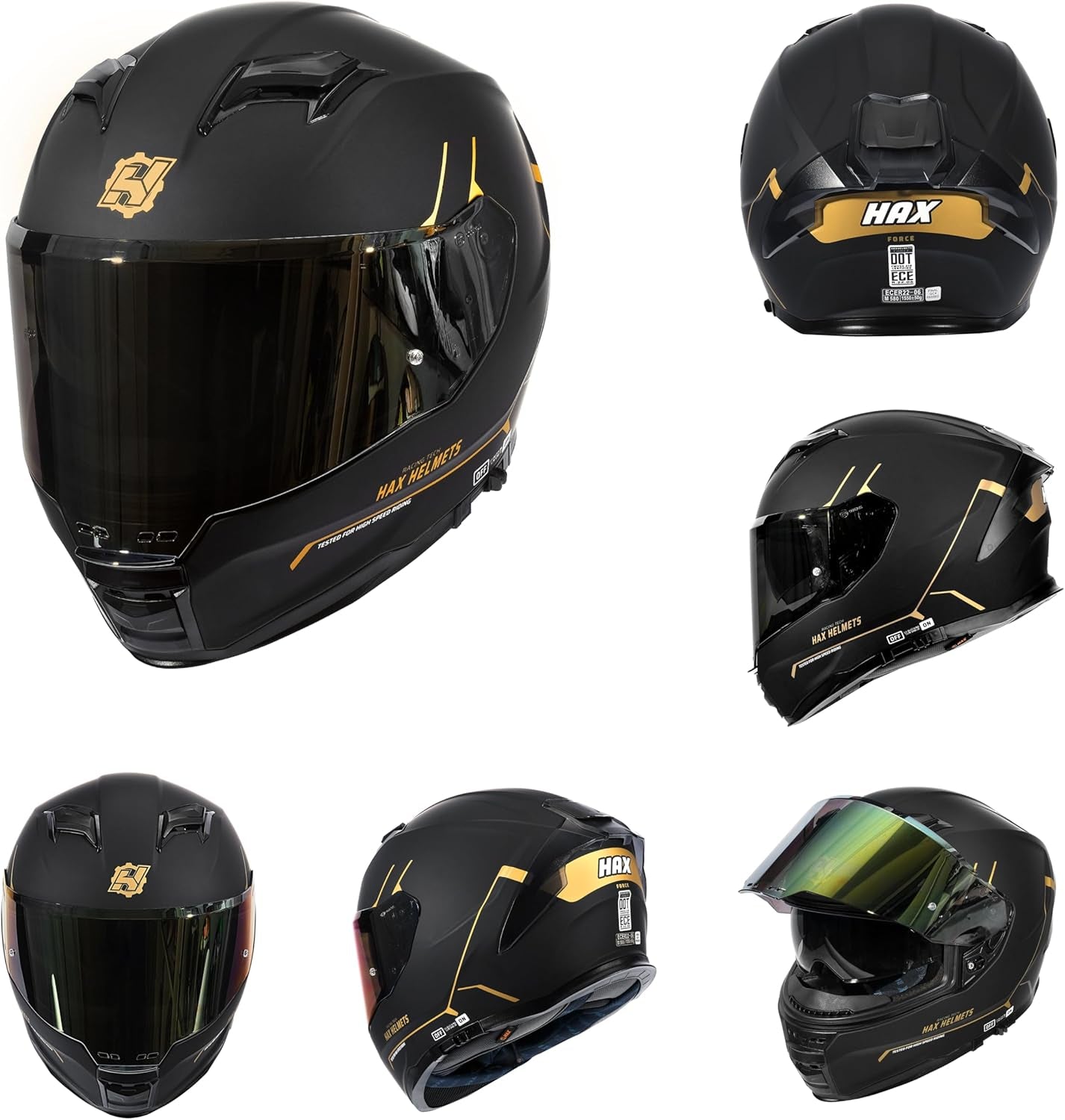 Force Aerodynamic Full Face Helmet for Street & E-Bikes DOT & ECE Certified - Enhanced Dual Visor, Adult Size, Pinlock Ready Matte Black Gold L