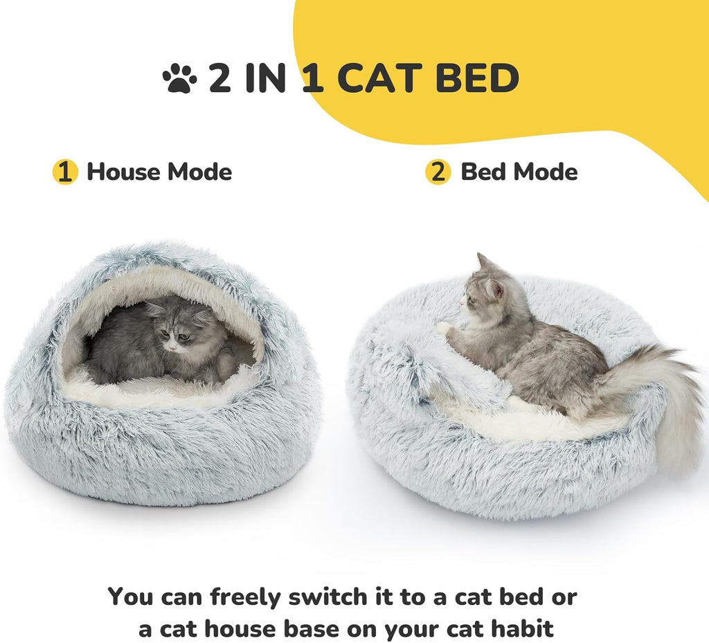 Cozy Plush Hooded Cat Bed, Indoor/Outdoor, Self-Warming Cave, Removable Washable Non-Slip Bottom