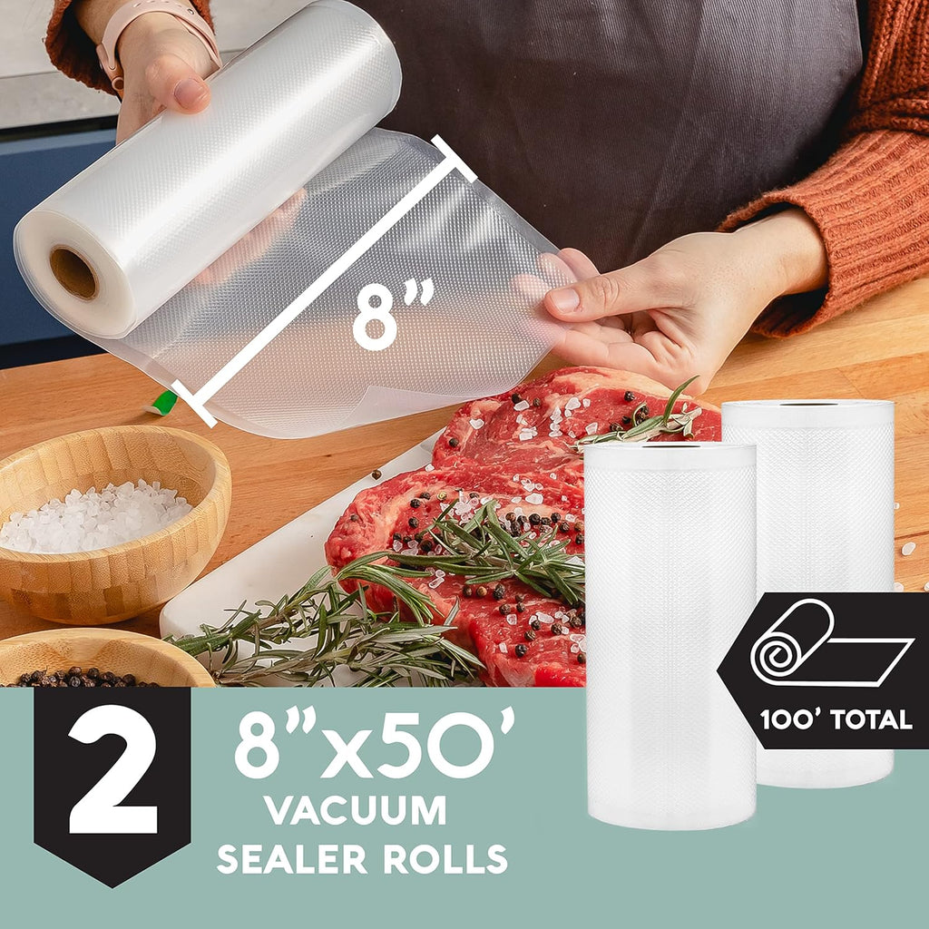 Vacuum Seal Rolls, Vac Seal Bags for Food Storage, Meal Saver Freezer Vacuum Sealer Bags, Sous Vide Bags Vacuum Sealer, Non-Bpa Vacuum Sealer Bags, 8 Inches by 50 Feet, Pack of 2