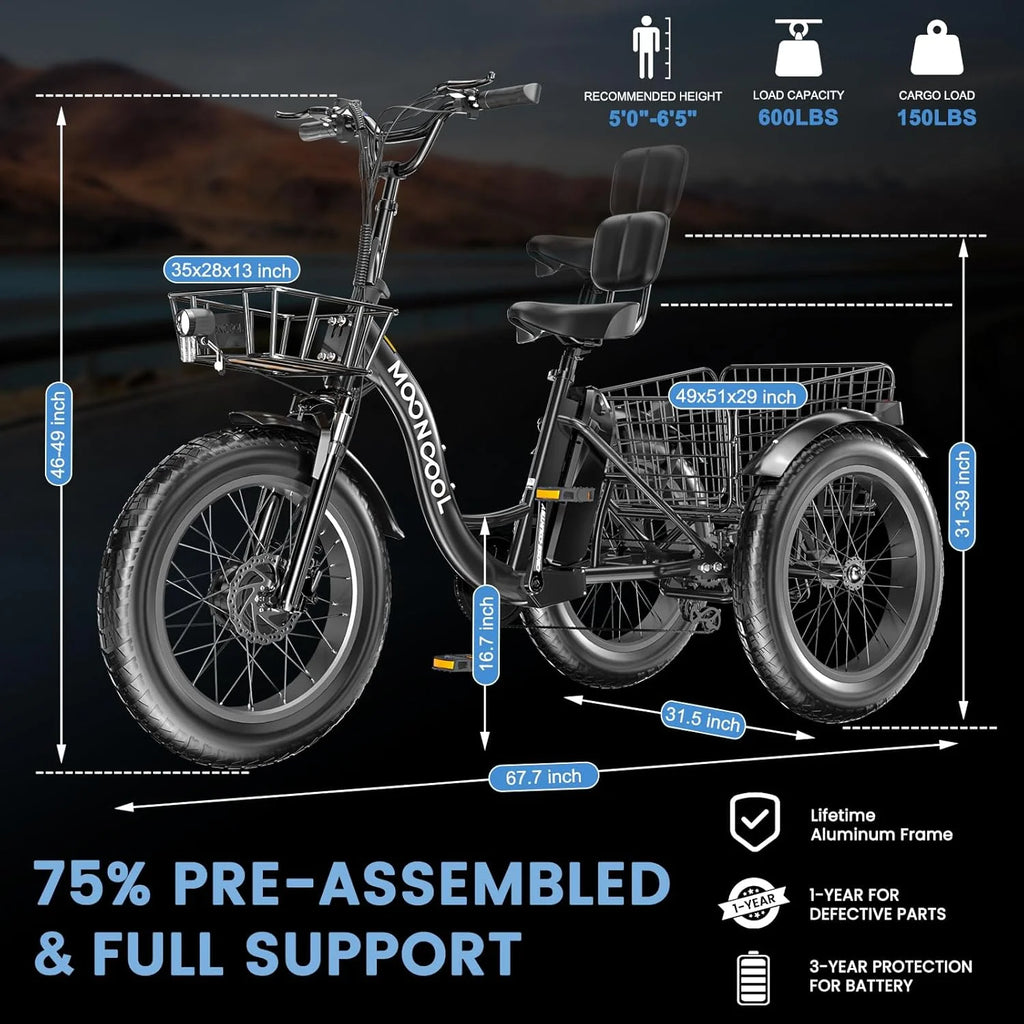 Electric Trike for Adults,15.5Mph 500W 48V 14.5Ah Lithium Battery , 7-Speed Aluminum Ebike 3 Wheels Bike with Front&Rear Baskets，20X4In Fat Tire E-Trike