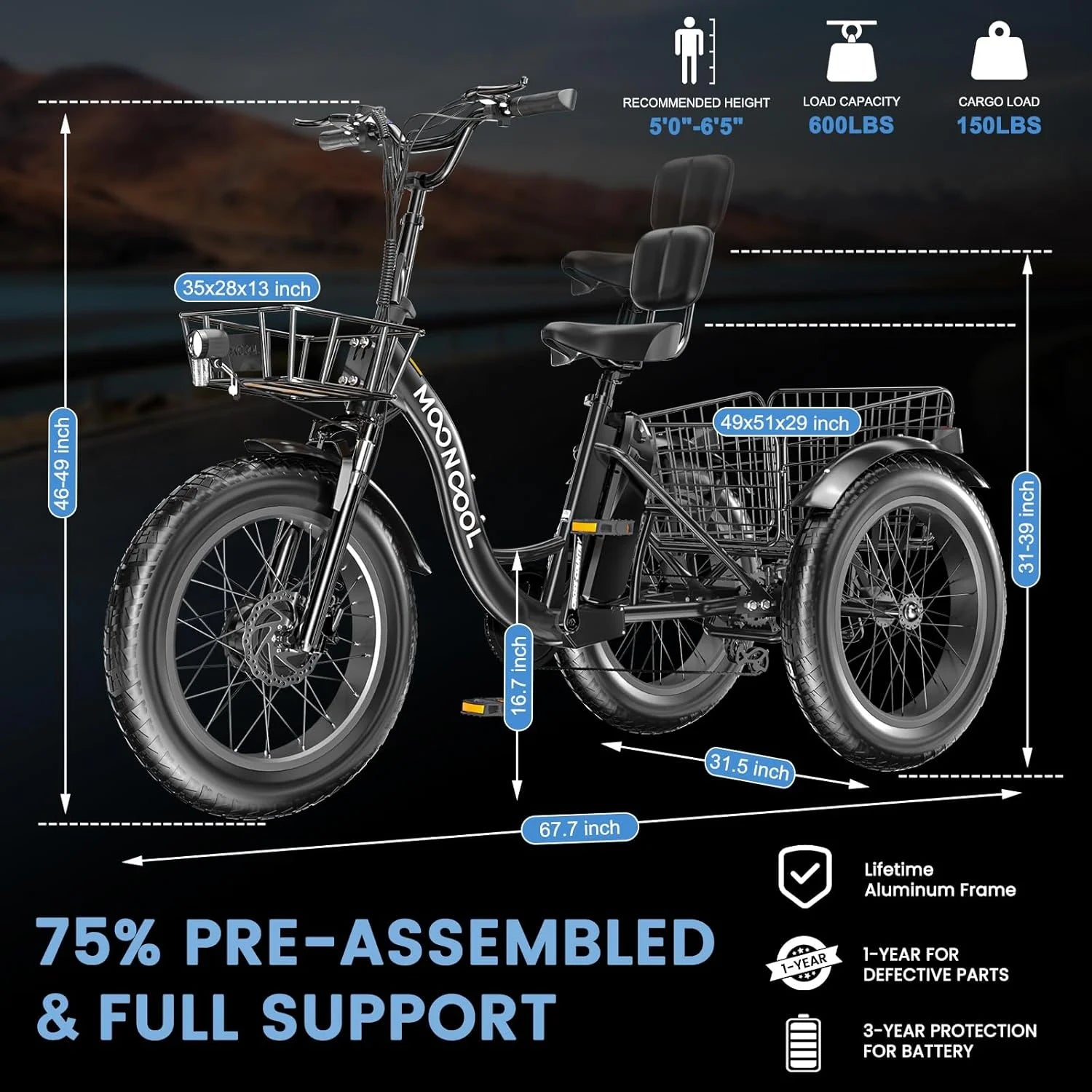 Electric Trike for Adults,15.5Mph 500W 48V 14.5Ah Lithium Battery , 7-Speed Aluminum Ebike 3 Wheels Bike with Front&Rear Baskets，20X4In Fat Tire E-Trike