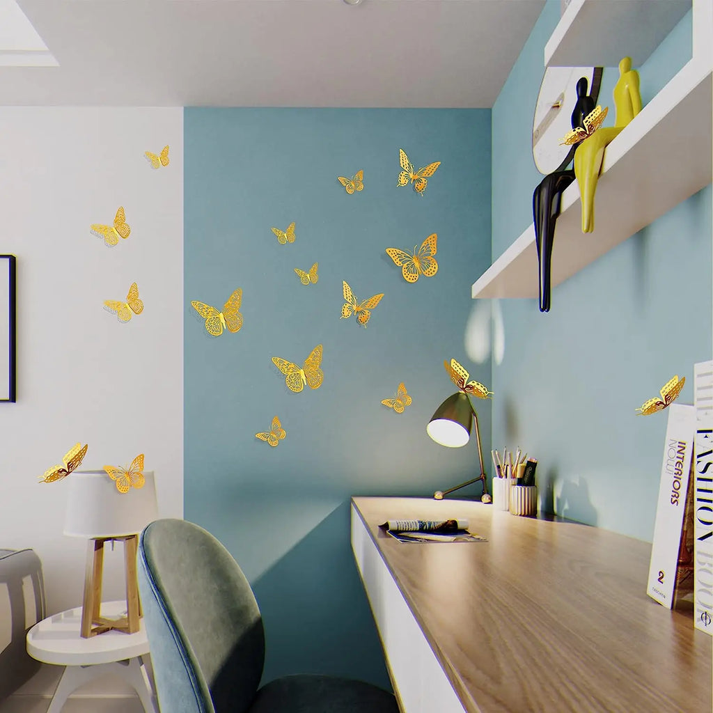 12Pcs 3D Hollow Butterfly Wall Stickers Gold Rose Gold Silver Butterflies Stickers for Wedding Birthday Home Room Decorations