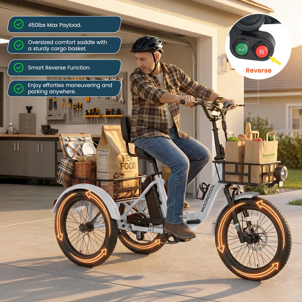 TK2 Adult Electric Tricycle with Reverse, 48V 15Ah Removable Battery, Peak 1000W Motor, 20X3.0" Fat Tire, 60-Mile Range, 15.5 MPH