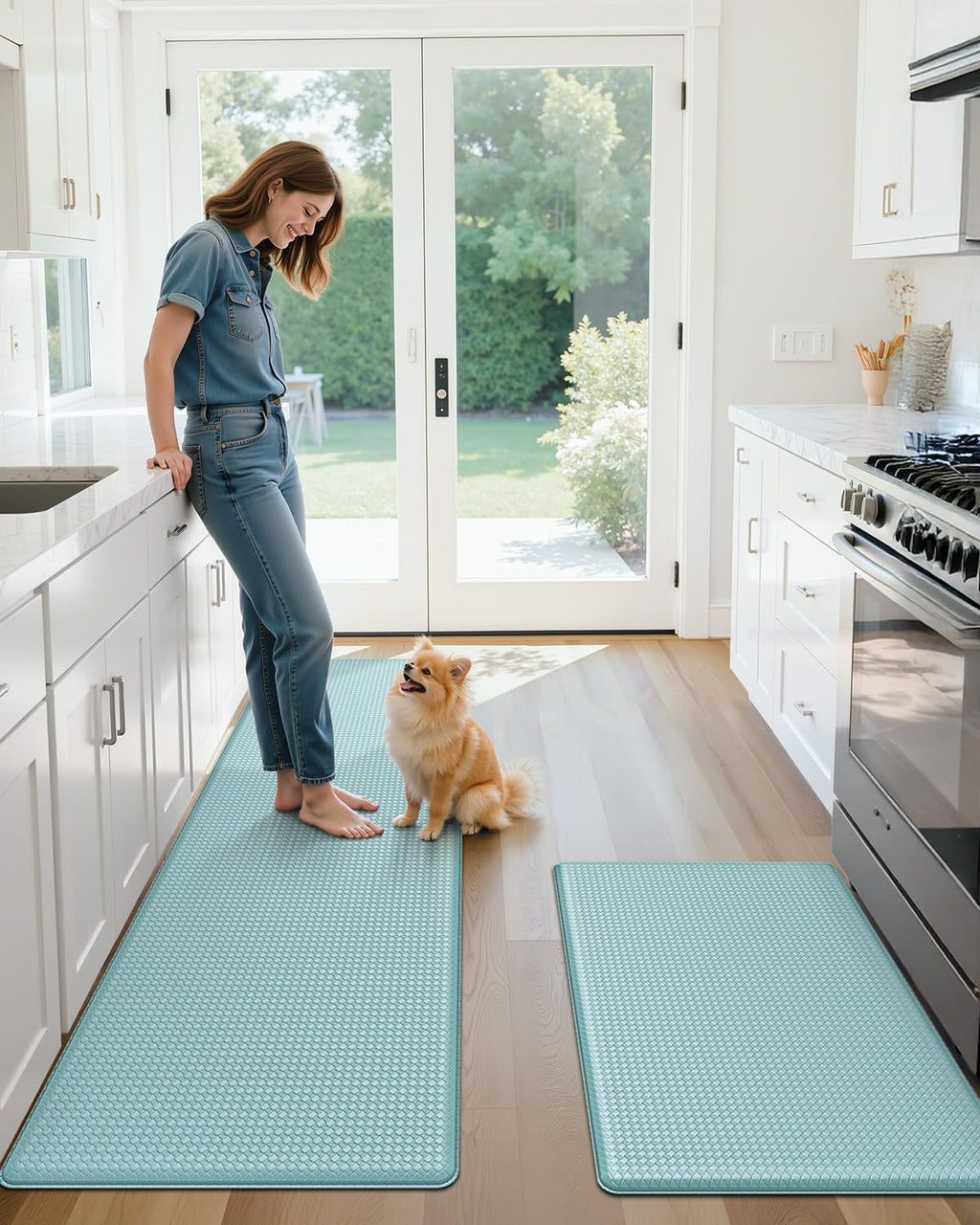 anti Fatigue Cushion Padded Kitchen Mat for Floor - 17X29+17X59,Easy Clean, Waterproof & Oil Proof, anti Slip, Foam Rubber Runner Rug for Front Sink Comfort Standing, Teal Set of 2