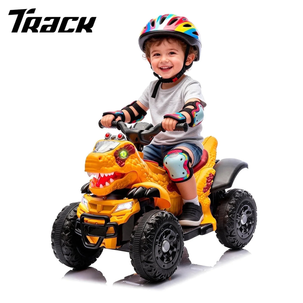 12V Electric Ride-On ATV, Dinosaur Four Wheeler Electric Car with Bluetooth, LED Lights, Music, Electric Quad Ride-On Toy Car for Toddlers Boys Girls Age 2+, Yellow