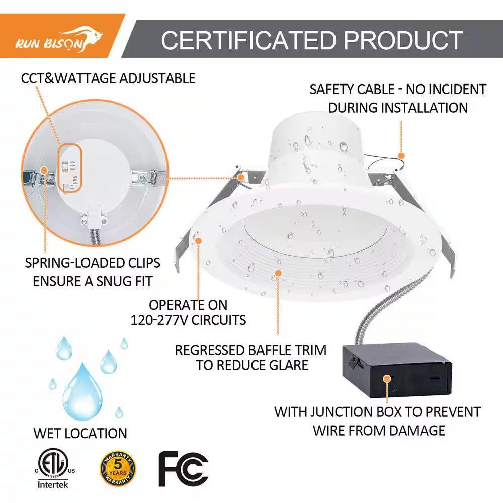 6 In. 1900Lumens 3CCT and Wattage Selectable New Construction or Remodel IC Rated Integrated LED Commercial Downlight