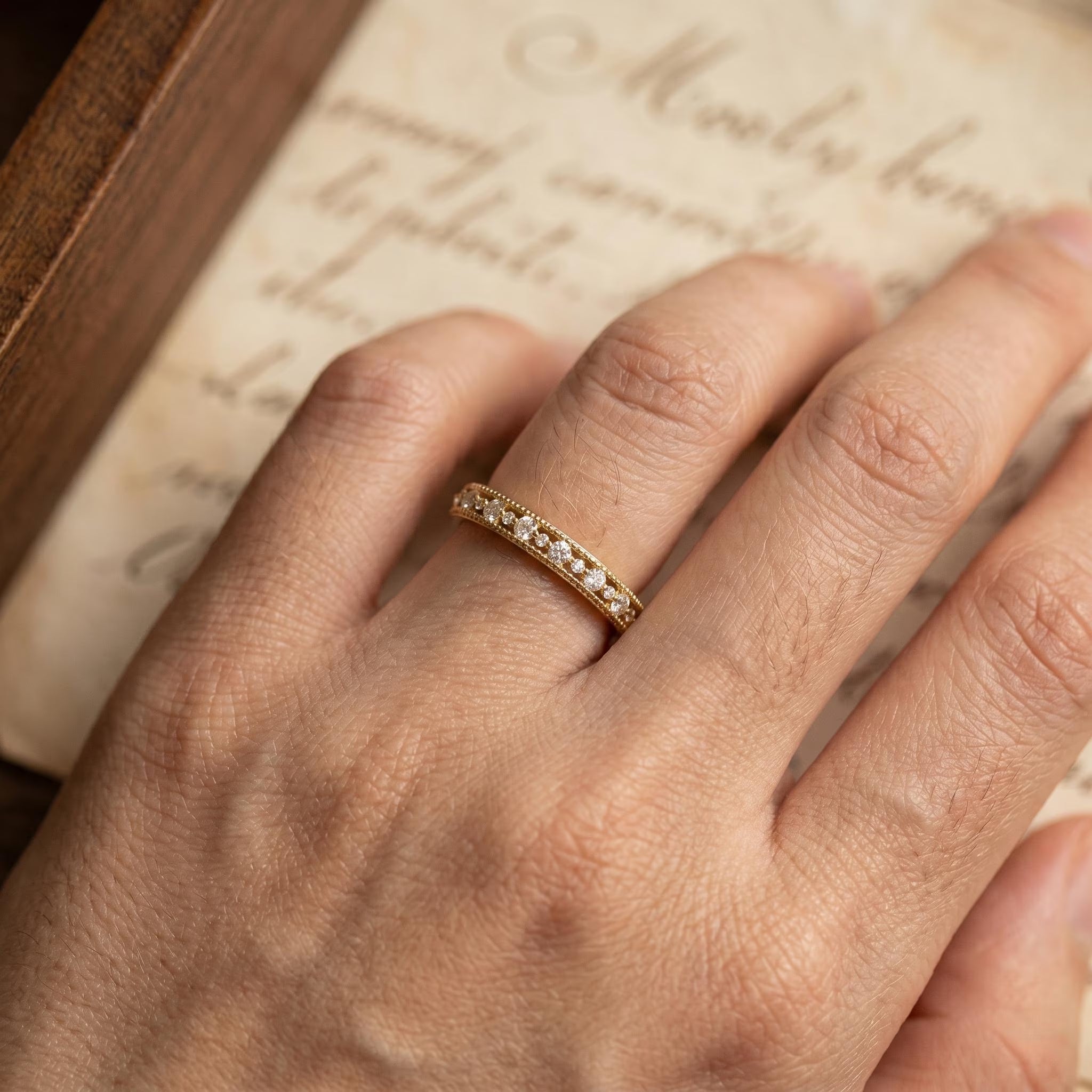 Gold Diamond Wedding Band | Vintage Milgrain Eternity Ring | 14K Gold Stacking Band | Antique Style Anniversary Gift | Delicate Gold Ring