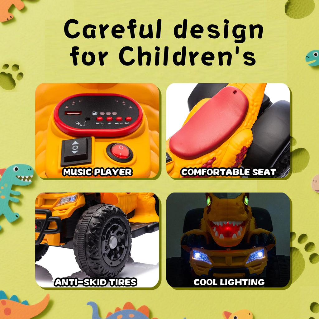 12V Electric Ride-On ATV, Dinosaur Four Wheeler Electric Car with Bluetooth, LED Lights, Music, Electric Quad Ride-On Toy Car for Toddlers Boys Girls Age 2+, Yellow