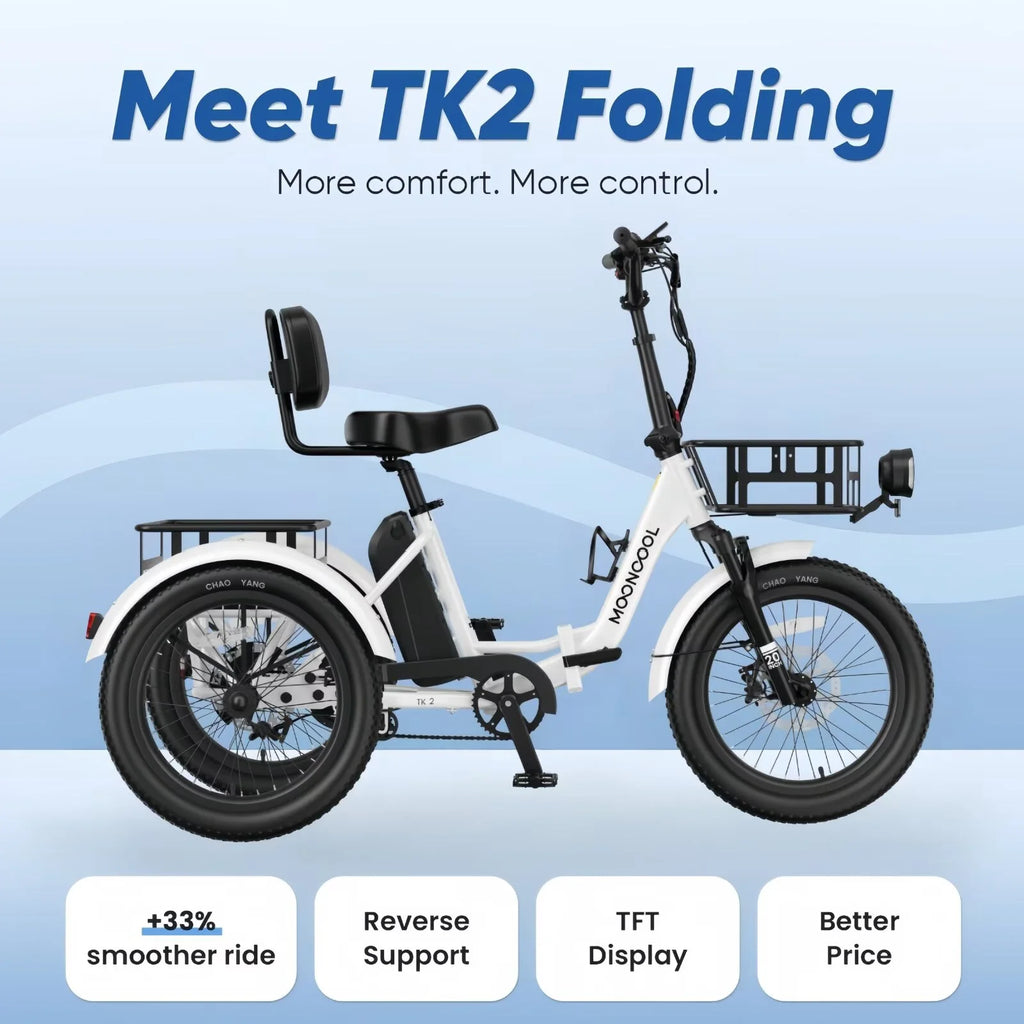 TK2 Adult Electric Tricycle with Reverse, 48V 15Ah Removable Battery, Peak 1000W Motor, 20X3.0" Fat Tire, 60-Mile Range, 15.5 MPH