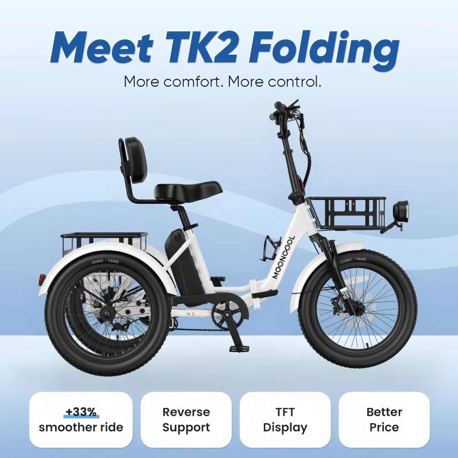 TK2 Adult Electric Tricycle with Reverse, 48V 15Ah Removable Battery, Peak 1000W Motor, 20X3.0" Fat Tire, 60-Mile Range, 15.5 MPH