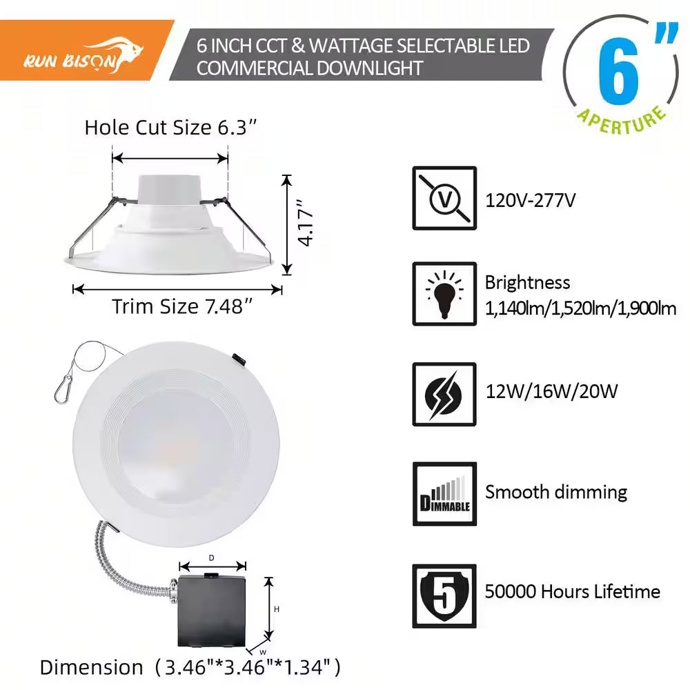6 In. 1900Lumens 3CCT and Wattage Selectable New Construction or Remodel IC Rated Integrated LED Commercial Downlight
