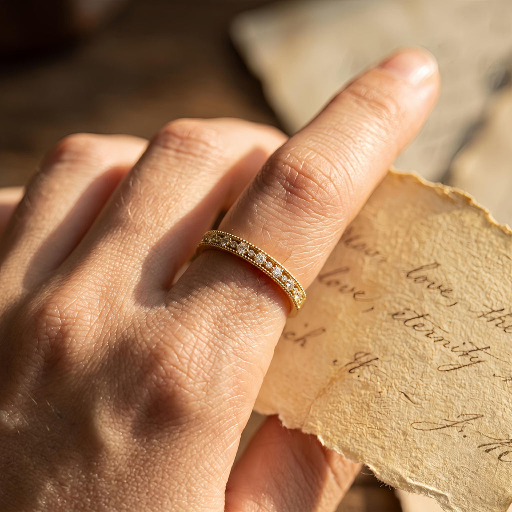 Gold Diamond Wedding Band | Vintage Milgrain Eternity Ring | 14K Gold Stacking Band | Antique Style Anniversary Gift | Delicate Gold Ring